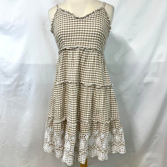JESSICA SIMPSON Brown Gingham Babydoll Tiered Mini Dress Lace Women's L Prairie - Picture 1 of 7